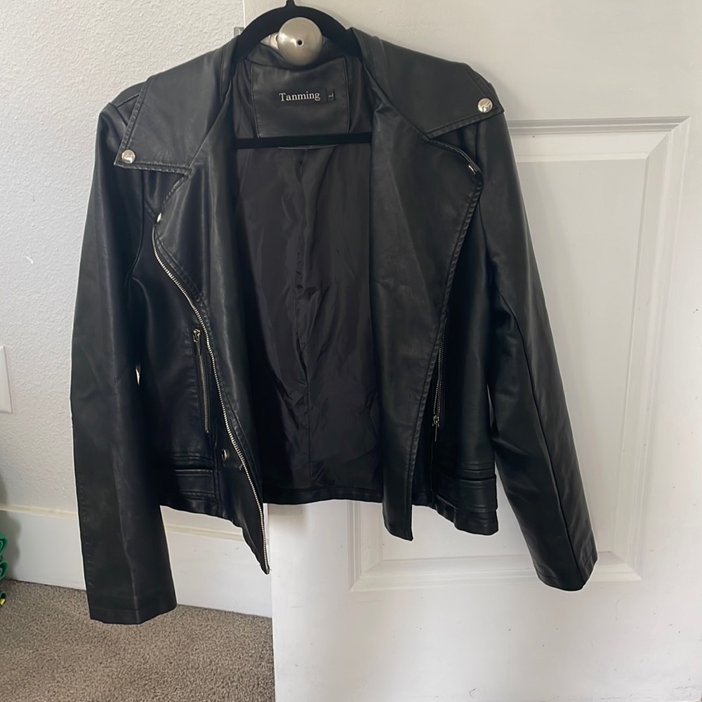 Black, faux leather bomber jacket